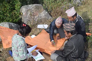Farmers' Permaculture Design Course - doing group work designing, HPC Resource Centre, Surkhet